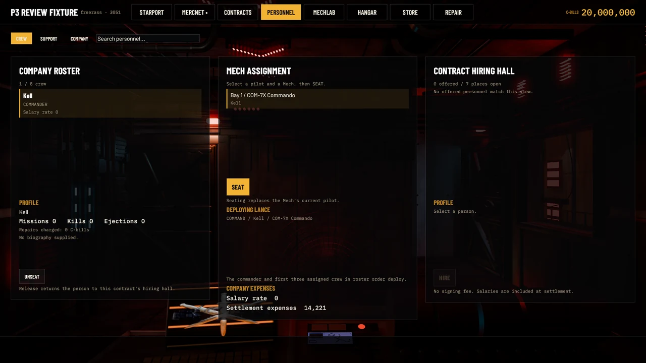 Personnel roster, Mech assignment and hiring columns over the 3D mercenary office.
