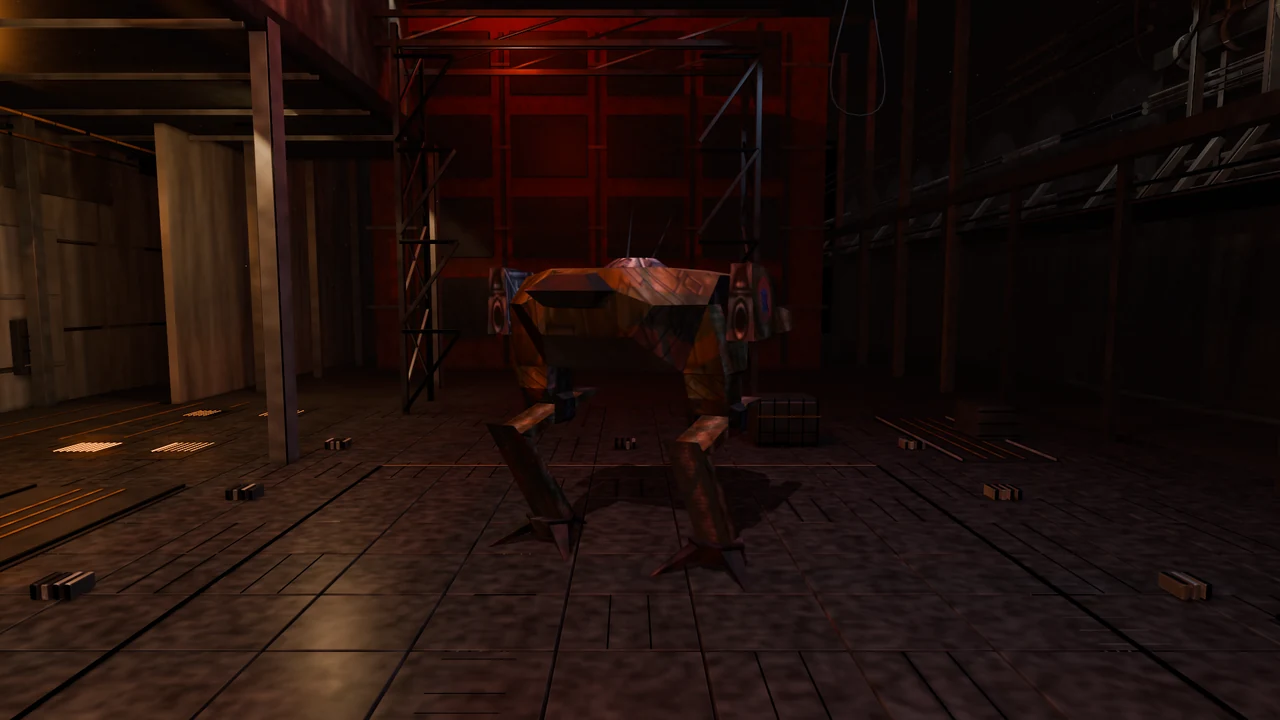 A Cicada stands in a Mech Bay lit by red overhead lamps and amber floor lights.