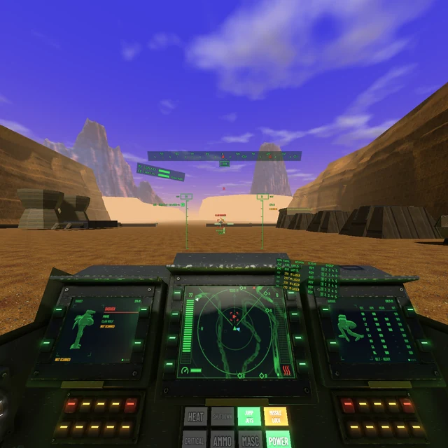Full square single-eye VR render of the cockpit console facing a canyon.